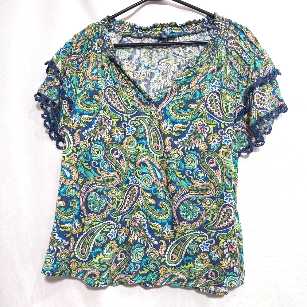 Democracy Womens M Boho Top Double Flounce Short Sleeves V Neck Crochet Trim